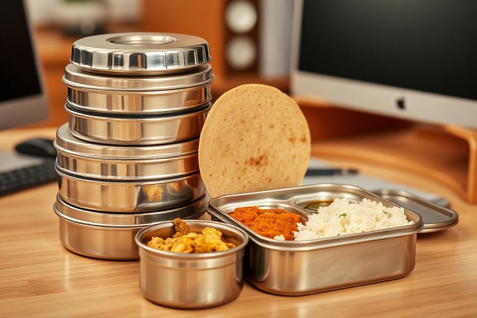 Homemade tiffin lunch boxes delivered to an office desk